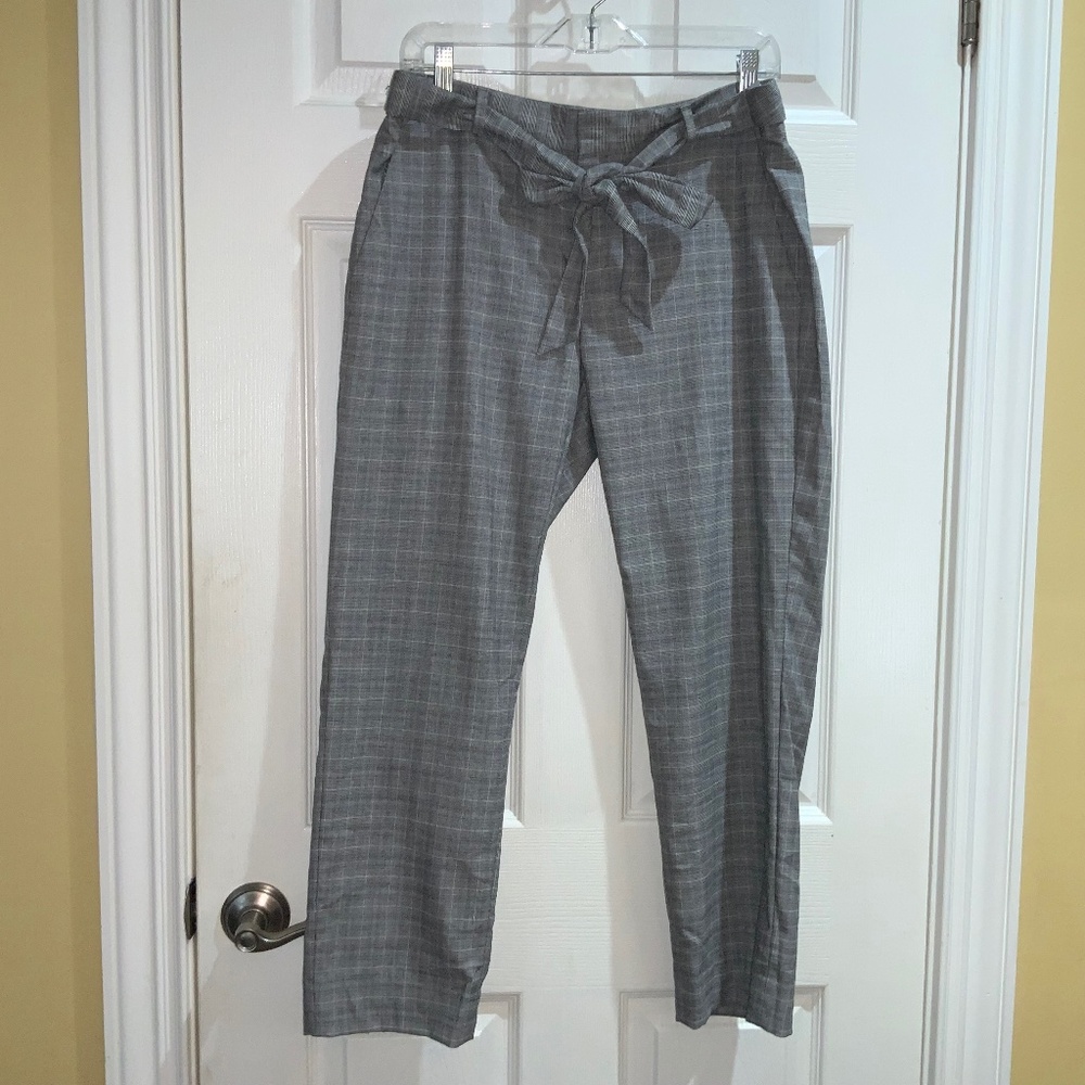 Banana Republic Avery check pants Sz 8 front zip pockets self fabric tie belt